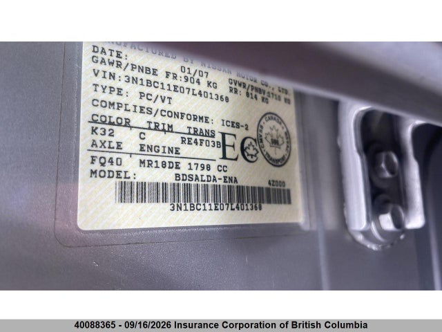 40088365 :رقم المزاد ، 3N1BC11E07L401368 vin ، 2007 Nissan Versa مزاد بيع