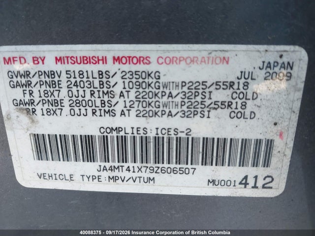 Aukcja sprzedaży 2009 Mitsubishi Outlander Xls, vin: JA4MT41X79Z606507, numer aukcji: 40088375