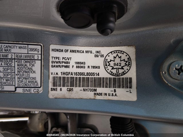 Aukcja sprzedaży 2006 Honda Civic Dx Vp, vin: 1HGFA16396L800514, numer aukcji: 40084545