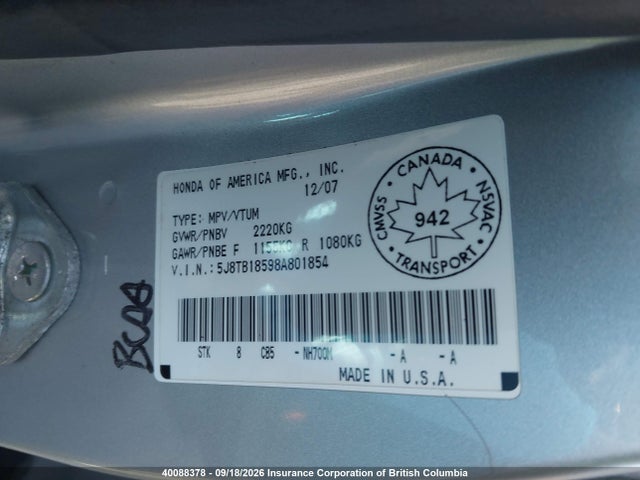 40088378 :رقم المزاد ، 5J8TB18598A801854 vin ، 2008 Acura Rdx مزاد بيع