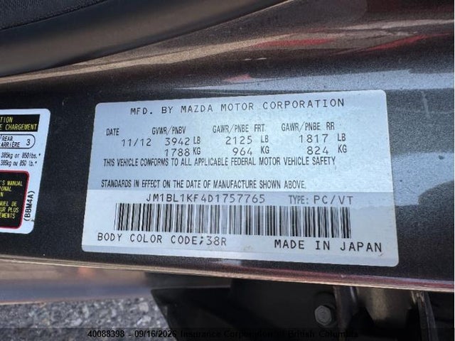Aukcja sprzedaży 2013 Mazda 3 Mazda Gx, vin: JM1BL1KF4D1757765, numer aukcji: 40088398