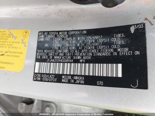 Aukcja sprzedaży 2004 Lexus Rx 330, vin: JTJHA31U940008944, numer aukcji: 40088401