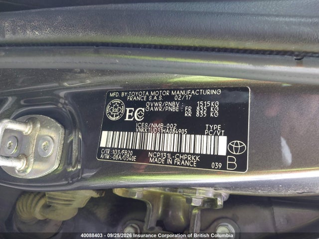 Aukcja sprzedaży 2017 Toyota Yaris, vin: VNKKTUD31HA084905, numer aukcji: 40088403