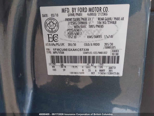 2010 Ford Escape Limited მანქანა იყიდება აუქციონზე, vin: 1FMCU9EGXAKC57339, აუქციონის ნომერი: 40088405