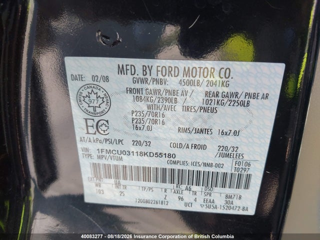 Продажа на аукционе авто 2008 Ford Escape Xlt, vin: 1FMCU03118KD55180, номер лота: 40083277