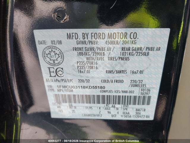 Продажа на аукционе авто 2008 Ford Escape Xlt, vin: 1FMCU03118KD55180, номер лота: 40083277