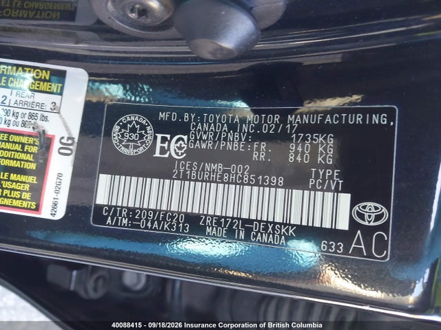Aukcja sprzedaży 2017 Toyota Corolla Se, vin: 2T1BURHE8HC851398, numer aukcji: 40088415