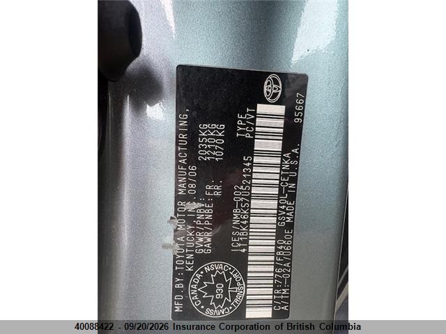 40088422 :رقم المزاد ، 4T1BK46K57U521345 vin ، 2007 Toyota Camry مزاد بيع