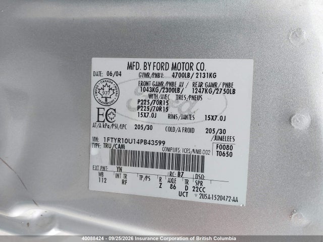 40088424 :رقم المزاد ، 1FTYR10U14PB43599 vin ، 2004 Ford Ranger Edge/xl/xlt مزاد بيع