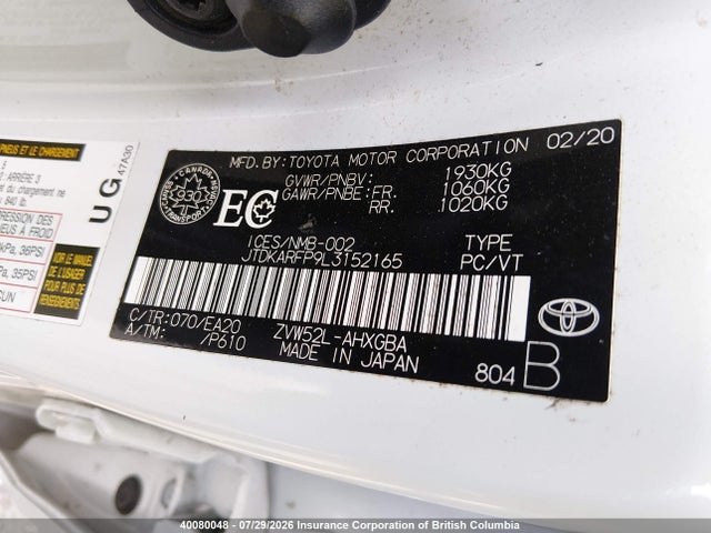 JTDKARFP9L3152165 Toyota Prius Prime Le/xle/limited