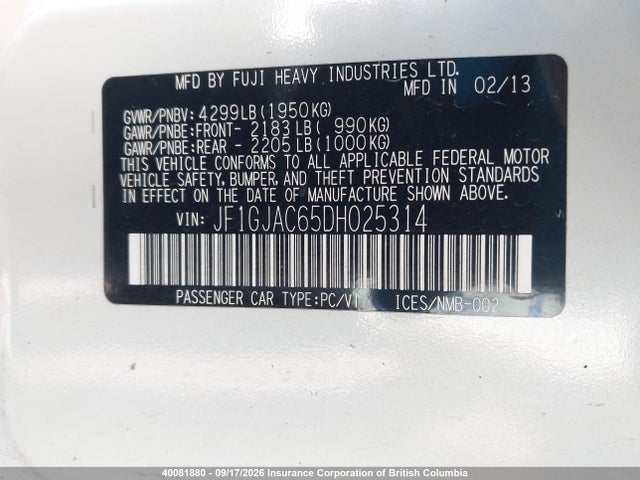 40081880 :رقم المزاد ، JF1GJAC65DH025314 vin ، 2013 Subaru Impreza Premium مزاد بيع