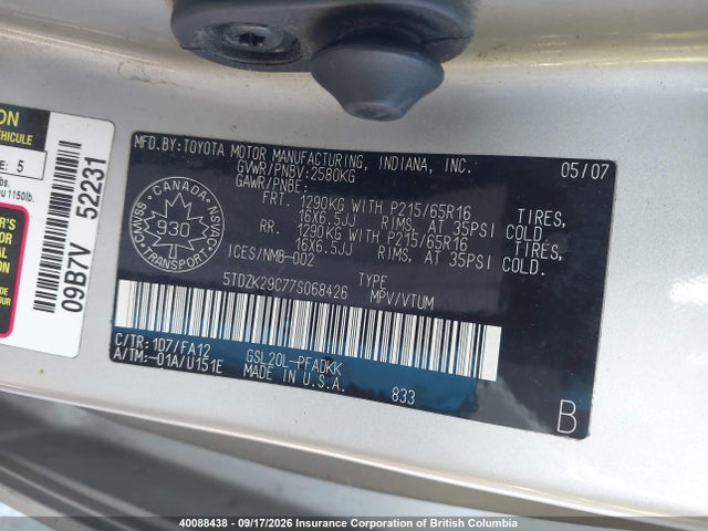 40088438 :رقم المزاد ، 5TDZK29C77S068426 vin ، 2007 Toyota Sienna Ce مزاد بيع