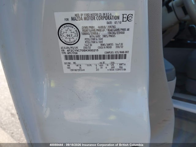 Aukcja sprzedaży 2011 Mazda Tribute Gx I4, vin: 4F2CY9C70BKM00215, numer aukcji: 40088444
