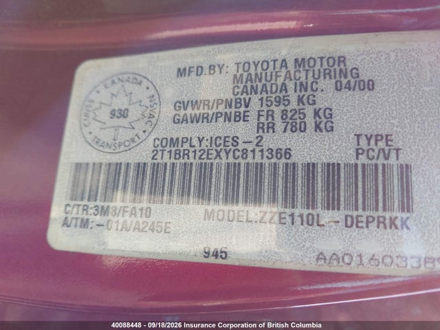 Aukcja sprzedaży 2000 Toyota Corolla Ve/ce/le, vin: 2T1BR12EXYC811366, numer aukcji: 40088448