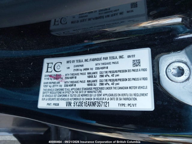 Tesla MODEL 3 2022 5YJ3E1EAXNF357121 Image 9