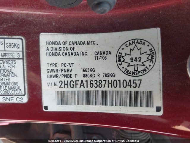 Aukcja sprzedaży 2007 Honda Civic Dx, vin: 2HGFA16387H010457, numer aukcji: 40084251