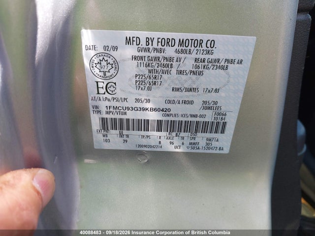 Продажа на аукционе авто 2009 Ford Escape Xlt, vin: 1FMCU93G39KB60420, номер лота: 40088483