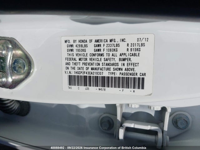 Aukcja sprzedaży 2012 Honda Accord Lxp, vin: 1HGCP2F43CA219307, numer aukcji: 40088492