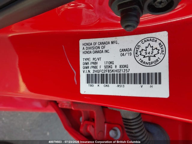 Honda Civic Sport 2019 2HGFC2F85KH021257 Image 9