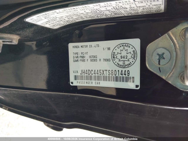 40088505 :رقم المزاد ، JH4DC445XTS801449 vin ، 1996 Acura Integra Ls مزاد بيع