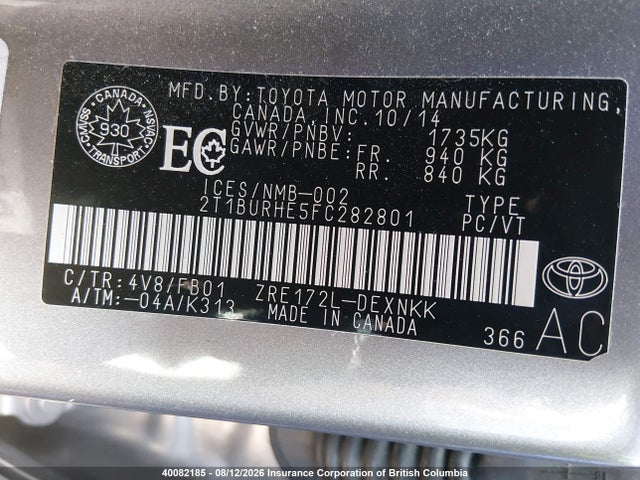 2T1BURHE5FC282801 Toyota Corolla L/le/le Pls/prm/s/s Pls
