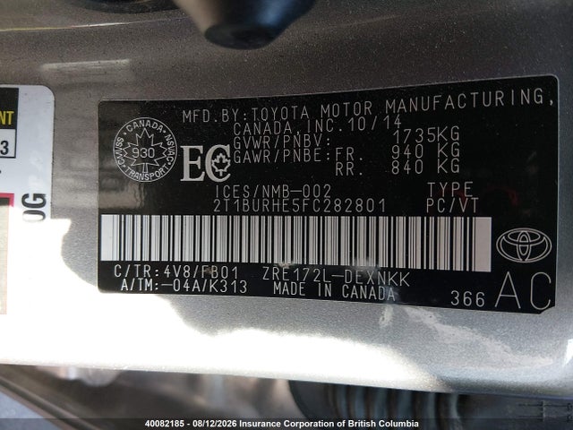 2T1BURHE5FC282801 Toyota Corolla L/le/le Pls/prm/s/s Pls