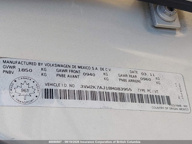 40088507 :رقم المزاد ، 3VW2K7AJ1BM083955 vin ، 2011 Volkswagen Jetta مزاد بيع