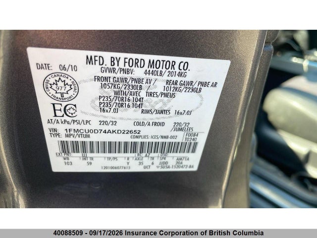 Продаж на аукціоні авто 2010 Ford Escape Xlt, vin: 1FMCU0D74AKD22652, номер лоту: 40088509