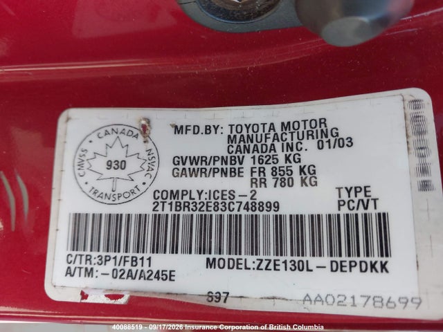 Продажа на аукционе авто 2003 Toyota Corolla Ce/le/s, vin: 2T1BR32E83C748899, номер лота: 40088519