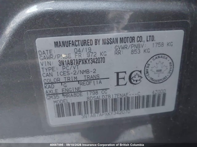 Aukcja sprzedaży 2019 Nissan Sentra S/sv/sr/sl, vin: 3N1AB7APXKY342070, numer aukcji: 40087095