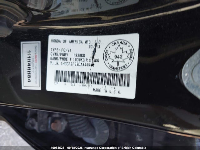 40088528 :رقم المزاد ، 1HGCR2F39DA806548 vin ، 2013 Honda Accord Lx مزاد بيع