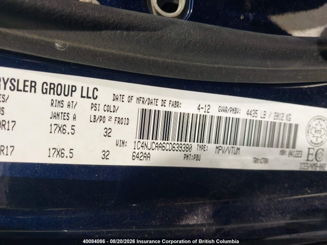 Продажа на аукционе авто 2012 Jeep Compass, vin: 1C4NJCAA6CD639380, номер лота: 40084086