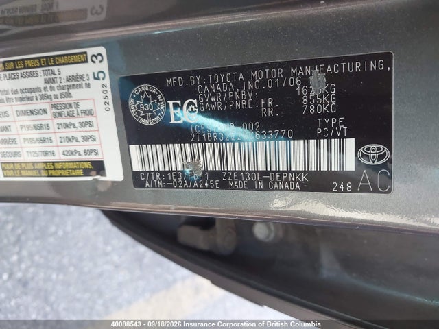 40088543 :رقم المزاد ، 2T1BR32E26C633770 vin ، 2006 Toyota Corolla Ce/le/s مزاد بيع