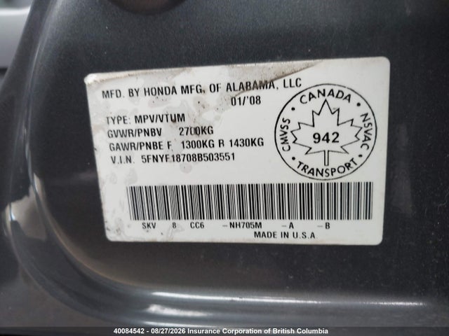 Aukcja sprzedaży 2008 Honda Pilot Exl, vin: 5FNYF18708B503551, numer aukcji: 40084542