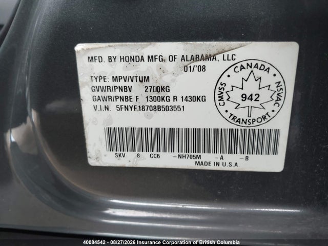 Aukcja sprzedaży 2008 Honda Pilot Exl, vin: 5FNYF18708B503551, numer aukcji: 40084542