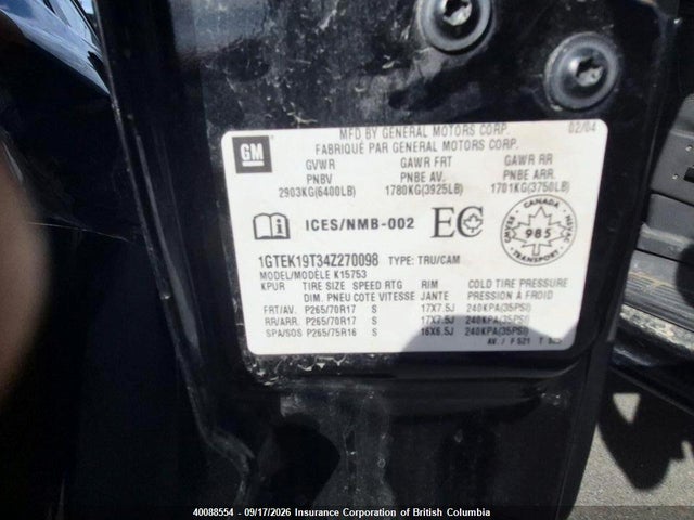 2004 Gmc New Sierra K1500 მანქანა იყიდება აუქციონზე, vin: 1GTEK19T34Z270098, აუქციონის ნომერი: 40088554
