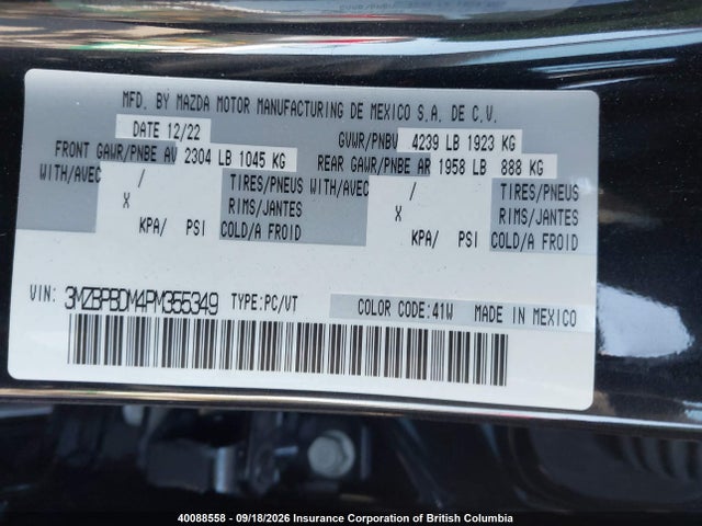 Продаж на аукціоні авто 2023 Mazda 3 Premium, vin: 3MZBPBDM4PM355349, номер лоту: 40088558