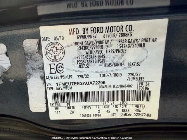 2010 Ford Explorer Eddie Bauer მანქანა იყიდება აუქციონზე, vin: 1FMEU7EE2AUA72296, აუქციონის ნომერი: 40088566