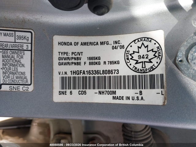 Aukcja sprzedaży 2006 Honda Civic, vin: 1HGFA16336L808673, numer aukcji: 40088586