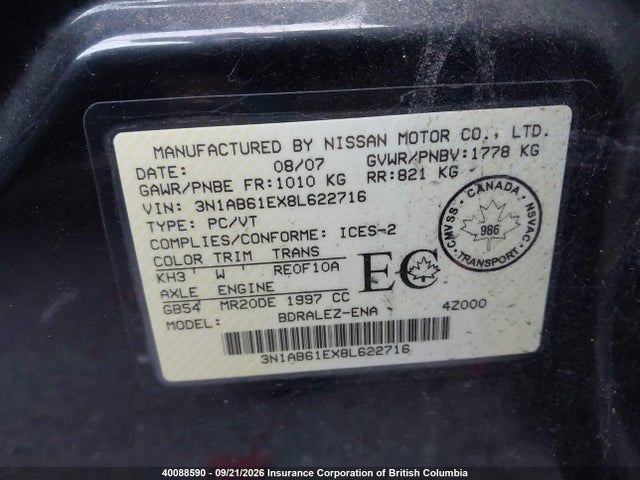 Aukcja sprzedaży 2008 Nissan Sentra 2.0 S, vin: 3N1AB61EX8L622716, numer aukcji: 40088590