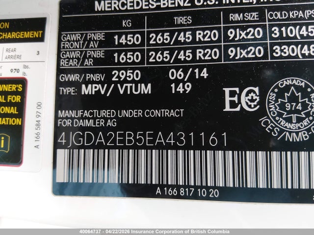 Продаж на аукціоні авто 2014 Mercedes-benz Ml 350 Bluetec, vin: 4JGDA2EB5EA431161, номер лоту: 40064737