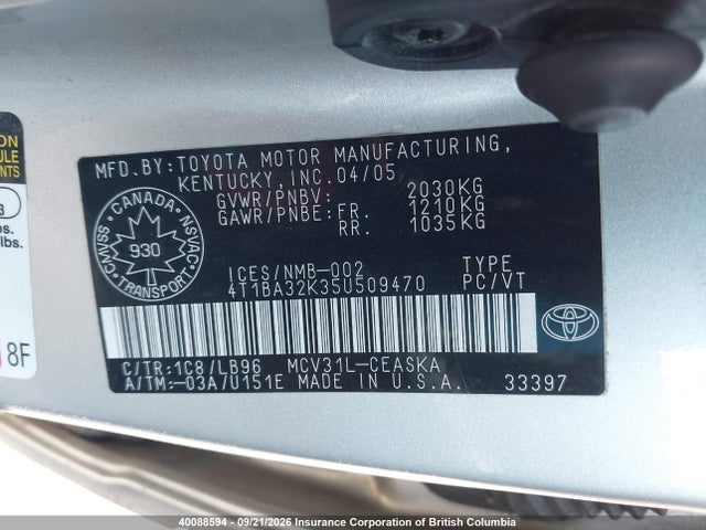 40088594 :رقم المزاد ، 4T1BA32K35U509470 vin ، 2005 Toyota Camry مزاد بيع