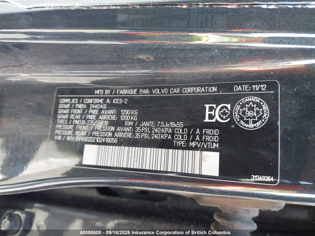 Aukcja sprzedaży 2013 Volvo Xc60, vin: YV4902DZ1D2419056, numer aukcji: 40088600