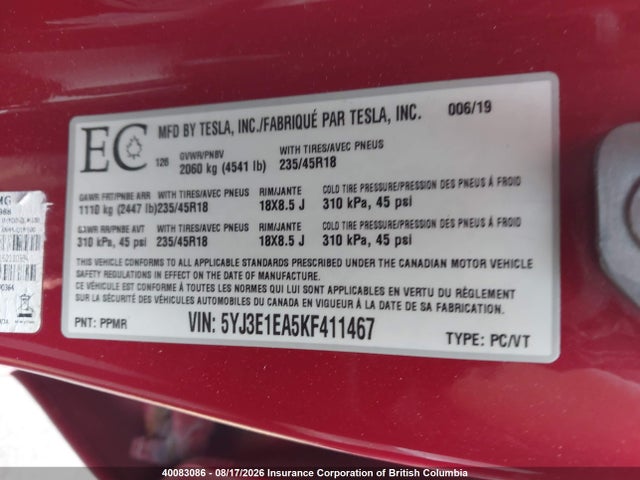 5YJ3E1EA5KF411467 Tesla Model 3 Long Range/mid Range/standard Range/standard Range Plus