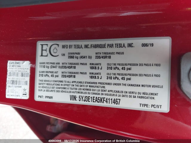 5YJ3E1EA5KF411467 Tesla Model 3 Long Range/mid Range/standard Range/standard Range Plus