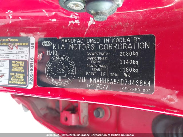 40088622 :رقم المزاد ، KNAHH8A84B7343884 vin ، 2011 Kia Rondo مزاد بيع
