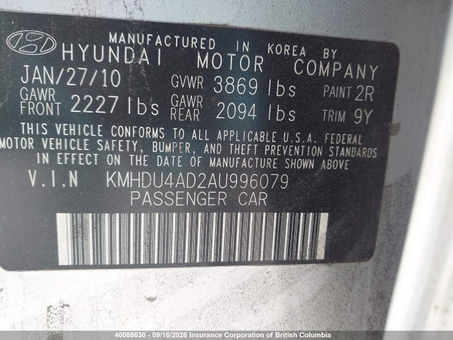 Aukcja sprzedaży 2010 Hyundai Elantra Blue/gls/se, vin: KMHDU4AD2AU996079, numer aukcji: 40088630