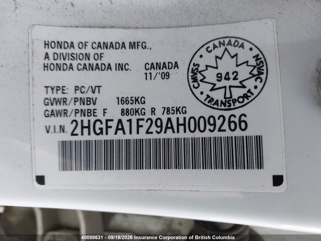 Aukcja sprzedaży 2010 Honda Civic, vin: 2HGFA1F29AH009266, numer aukcji: 40088631