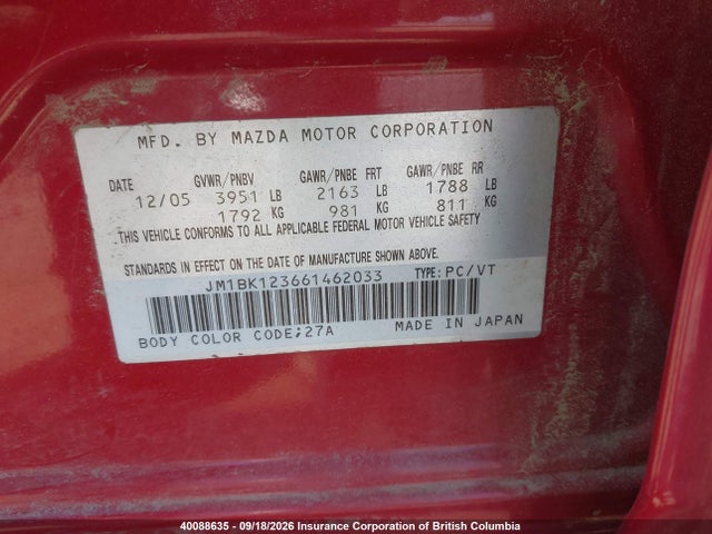 Продаж на аукціоні авто 2006 Mazda 3 S, vin: JM1BK123661462033, номер лоту: 40088635