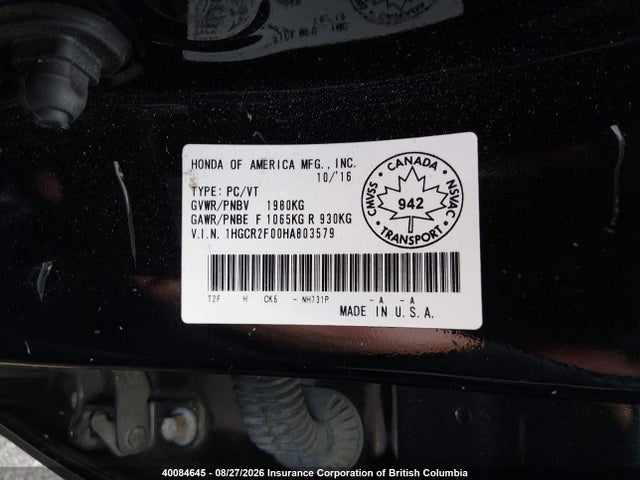 Honda ACCORD EX 2017 1HGCR2F00HA803579 Image 9